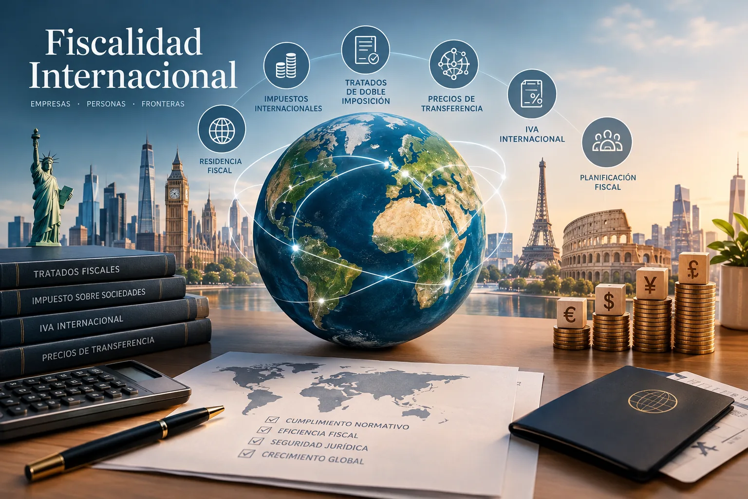 Ilustración de un globo terráqueo y conexiones entre países relacionada con la fiscalidad internacional.